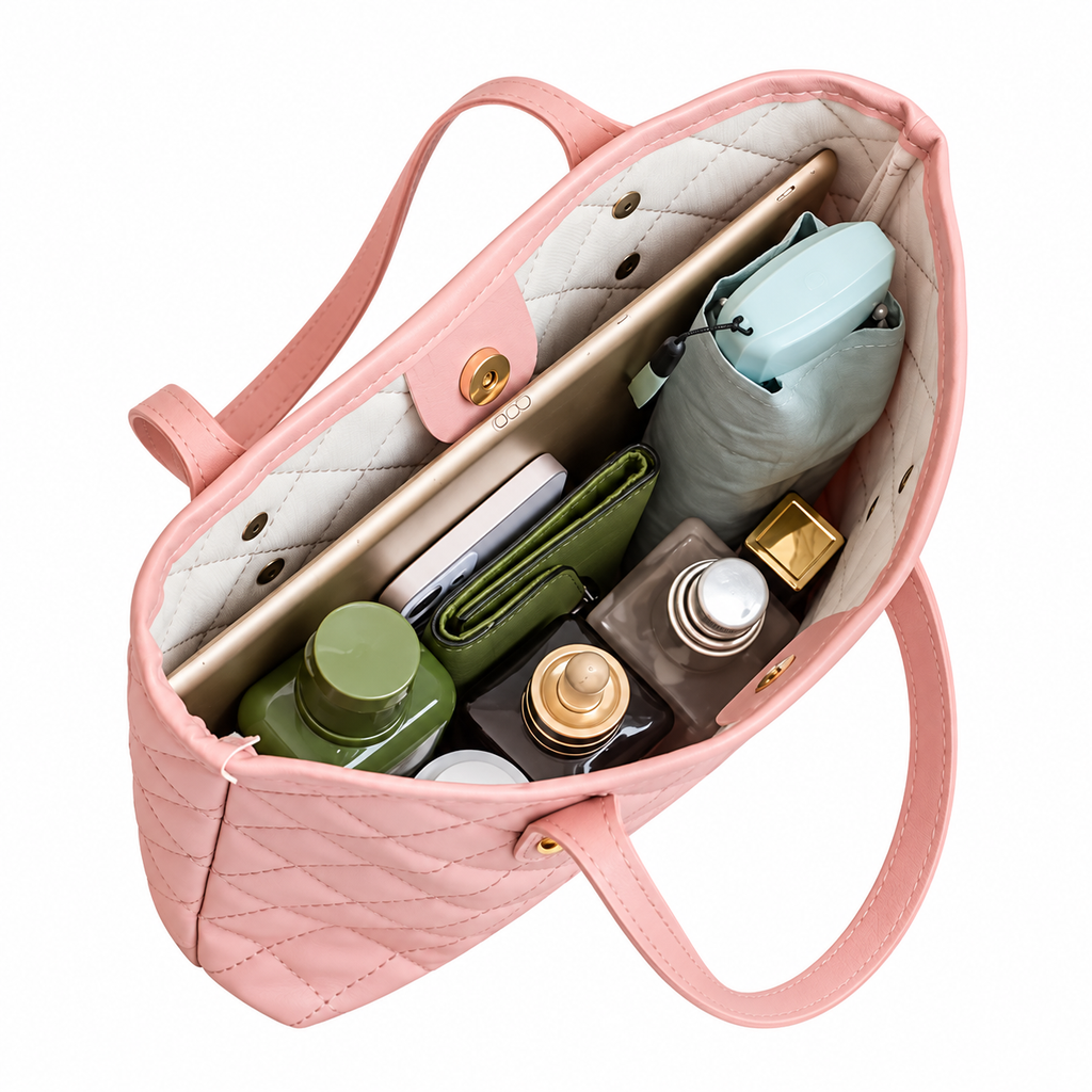 Women’s Quilted PU Shoulder Tote Bag with Scarf