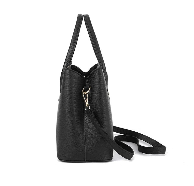 Women’s Black Faux Leather Tote Handbag with Shoulder Strap